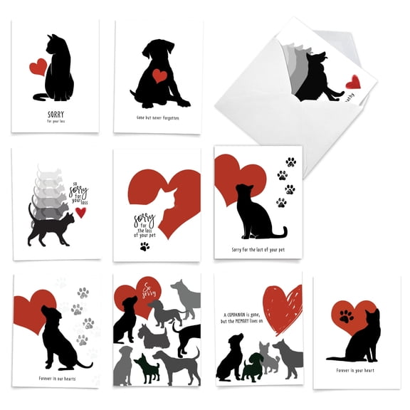 The Best Card Company 10 Assorted Pet Sympathy Notecards Box Set 4 x 5.12 Inch with Envelopes (10 Designs, 1 Each) Furever In Our Heart AM10066PSG-B1x10