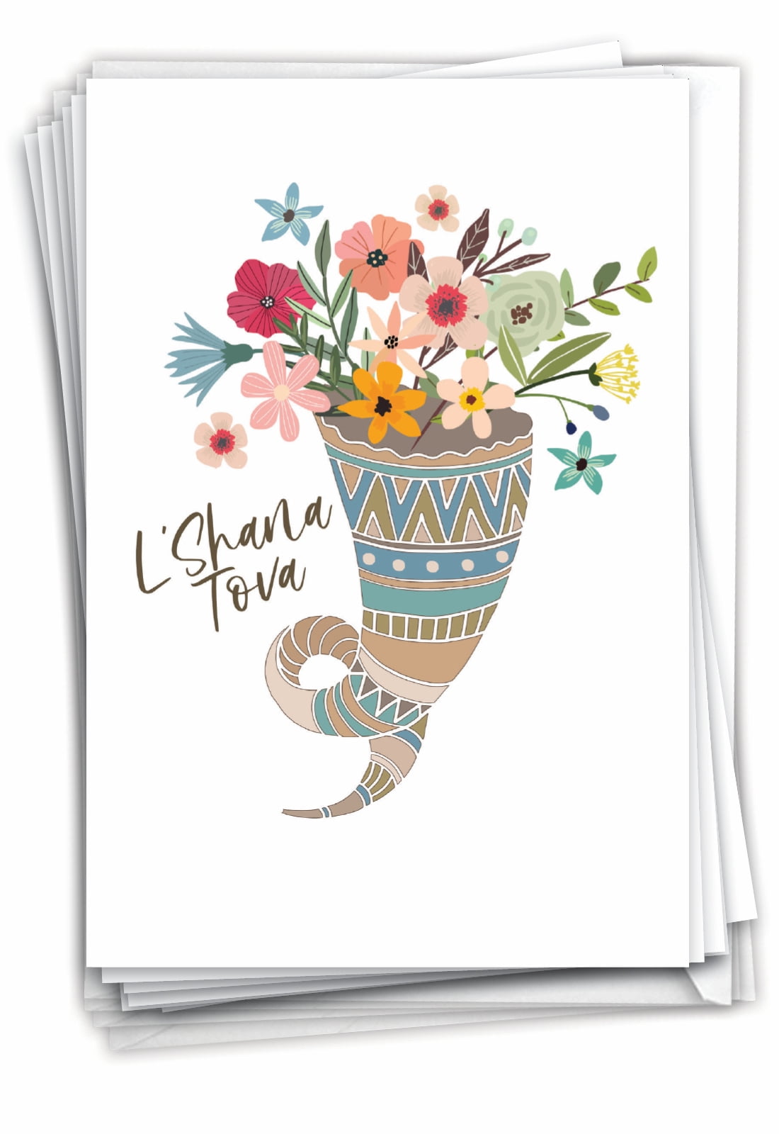 The Best Card Company 12 Rosh Hashanah Greeting Cards Box Set with 5 x 7 Inch Envelopes (1 Design, 12 Each) Jewish Holiday Cards Horn of Flowers C7769RHG-B12x1