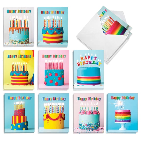 The Best Card Company 20 Assorted Blank Birthday Notecards Boxed Set 4 x 5.12 Inch with Envelopes (10 Designs, 2 Each) Bold Bright Cakes AM10346BDB-B2x10