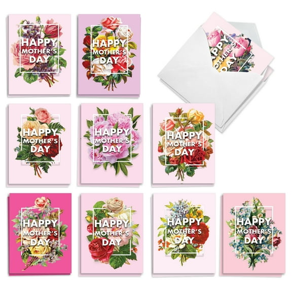 The Best Card Company 20 Assorted Blank Mother's Day Notecards Boxed Set 4 x 5.12 Inch with Envelopes (10 Designs, 2 Each) Flowers for Mom AM3532MDB-B2x10