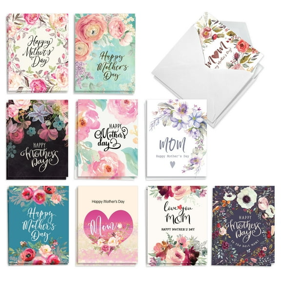 The Best Card Company 20 Assorted Blank Mother's Day Notes Box Set 4 x 5.12 Inch with Envelopes (10 Designs, 2 Each) Blooming Calligraphy AM10349MDB-B2x10
