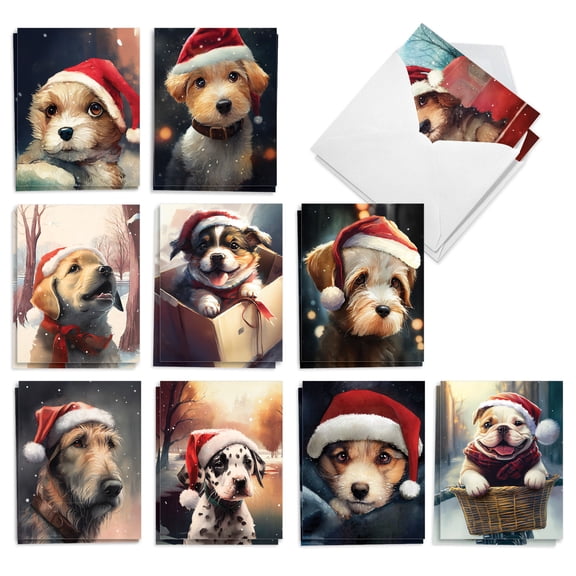 The Best Card Company 20 Assorted Christmas Notecards Bulk Box Set 4 x 5.12 Inch with Envelopes (10 Designs, 2 Each) Santa Hat Puppies AM10188XSG-B2x10