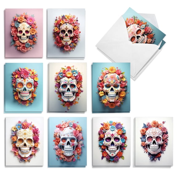 The Best Card Company 20 Assorted Day Of The Dead Notes Pack Set 4x5.12 w/ Envelopes, 10x2 Designs, For Men, Women, Vibrant Skulls AM10774DDG-B2x10