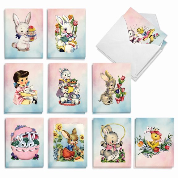 The Best Card Company 20 Assorted Easter Notecards Boxed Set 4 x 5.12 Inch with Envelopes (10 Designs, 2 Each) Vintage Bunnies And Chicks AM10977EAG-B2x10