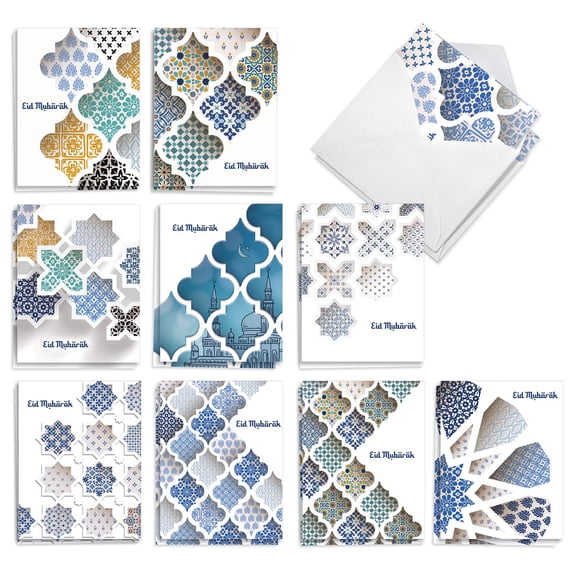 The Best Card Company 20 Assorted Eid Mubarak Notecards Bulk Box Set 4 x 5.12 Inch with Envelopes (10 Designs, 2 Each) Eid Mubarak Dimensions AM10424EIG-B2x10