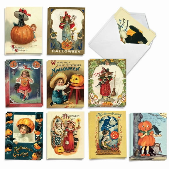 The Best Card Company 20 Assorted Halloween Notecards Boxed Set 4 x 5.12 Inch with Envelopes (10 Designs, 2 Each) Vintage Pumpkin Kids AM10187HWG-B2x10