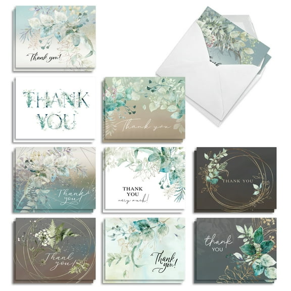 The Best Card Company 20 Assorted Sympathy Thank You Notecards Boxed Set 4 x 5.12 Inch with Envelopes (10 Designs, 2 Each) Greenery Gratitude AM10313STG-B2x10
