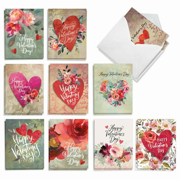 The Best Card Company 20 Assorted Valentine's Day Notecards Box Set 4 x 5.12 Inch with Envelopes (10 Designs, 2 Each) Hearts and Flowers AM10413VDG-B2x10