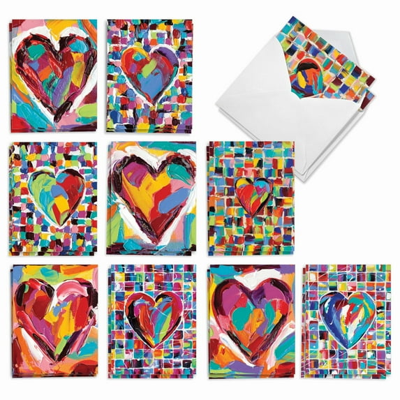 The Best Card Company 20 Assorted Valentine's Day Notecards Boxed Set 4 x 5.12 Inch with Envelopes (10 Designs, 2 Each) Colorful Hearts AM9267VDG-B2x10