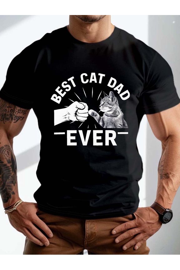 Best Cat Dad Ever Men's T-Shirt Funny Fist Bump Cat Lover Gift Retro Graphic Tee Vintage Style Father's Day Apparel