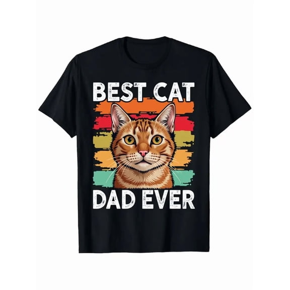 Best Cat Dad Ever Vintage Retro Graphic T-Shirt - Black Cat Lover Gift with Ginger Tabby Cat & Lettering, Soft Breathable Short Sleeve Crewneck Tee for Men & Women, Unisex