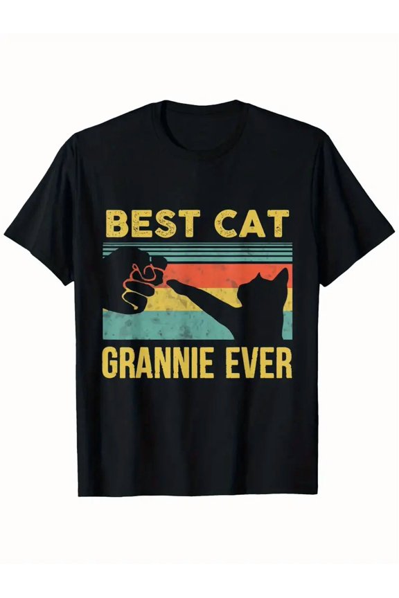 Best Cat Grannie Ever Retro Graphic Gift for Women Casual Cotton T-Shirt