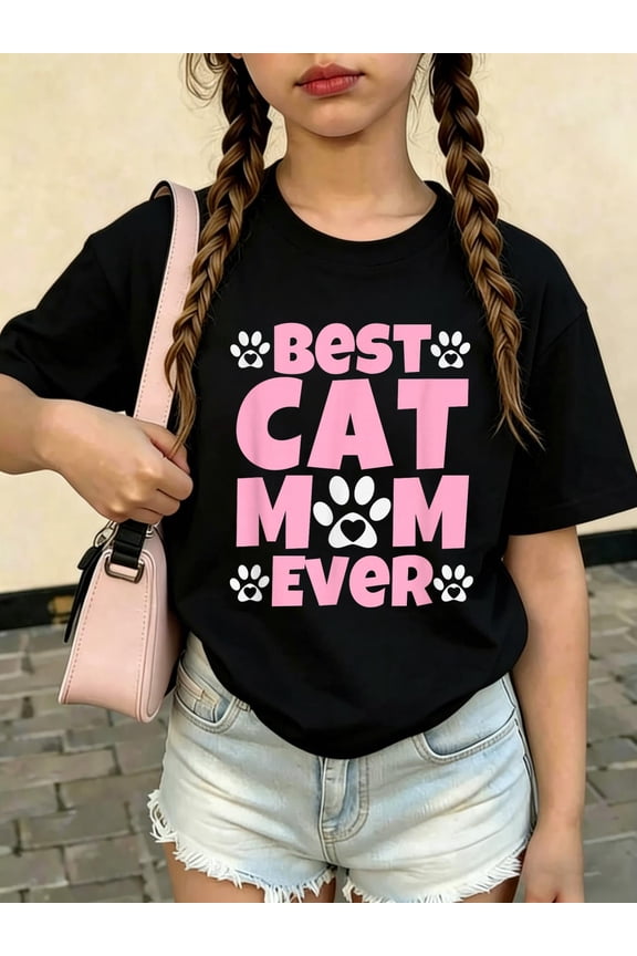 Best Cat Mom Ever Mothers Day Present Cute Cat Paw Prints Kids T-Shirt Kids Graphic Tee Soft Cotton Short Sleeve Casual Shirt
