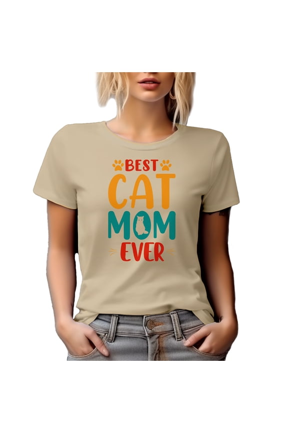 Best Cat Mom Ever with Paws and a Kitty, Tan T-Shirt, Small