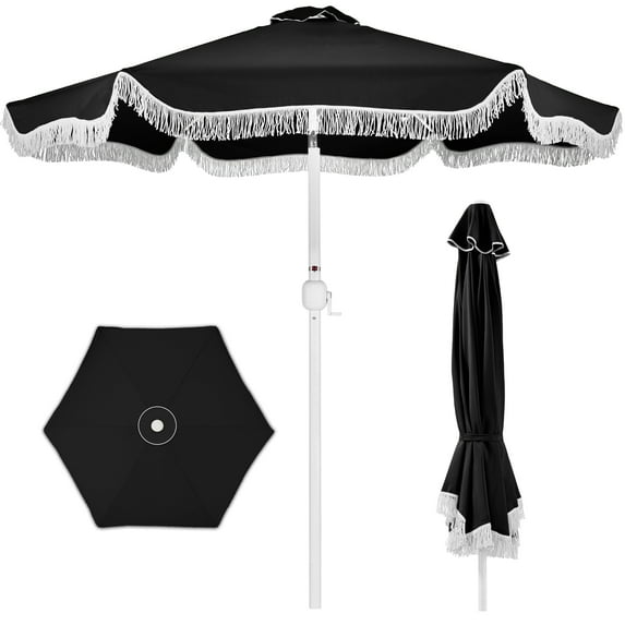 Best Choice Products 9ft Fringe Market Umbrella Boho Patio Sunshade w/ Tilt, UPF50+ - Black