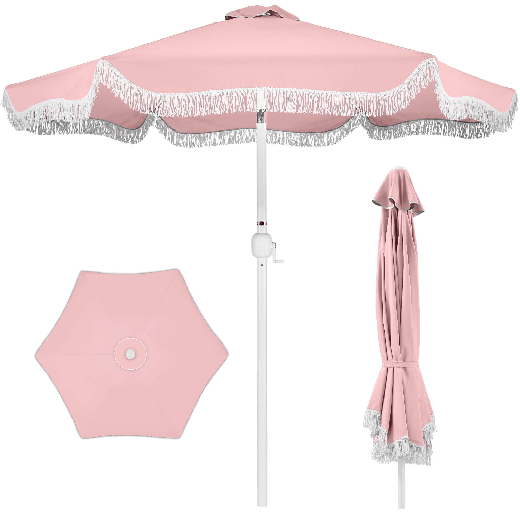 Best Choice Products 9ft Fringe Market Umbrella  Boho Patio Sunshade w/ Tilt, UPF50+ - Pink