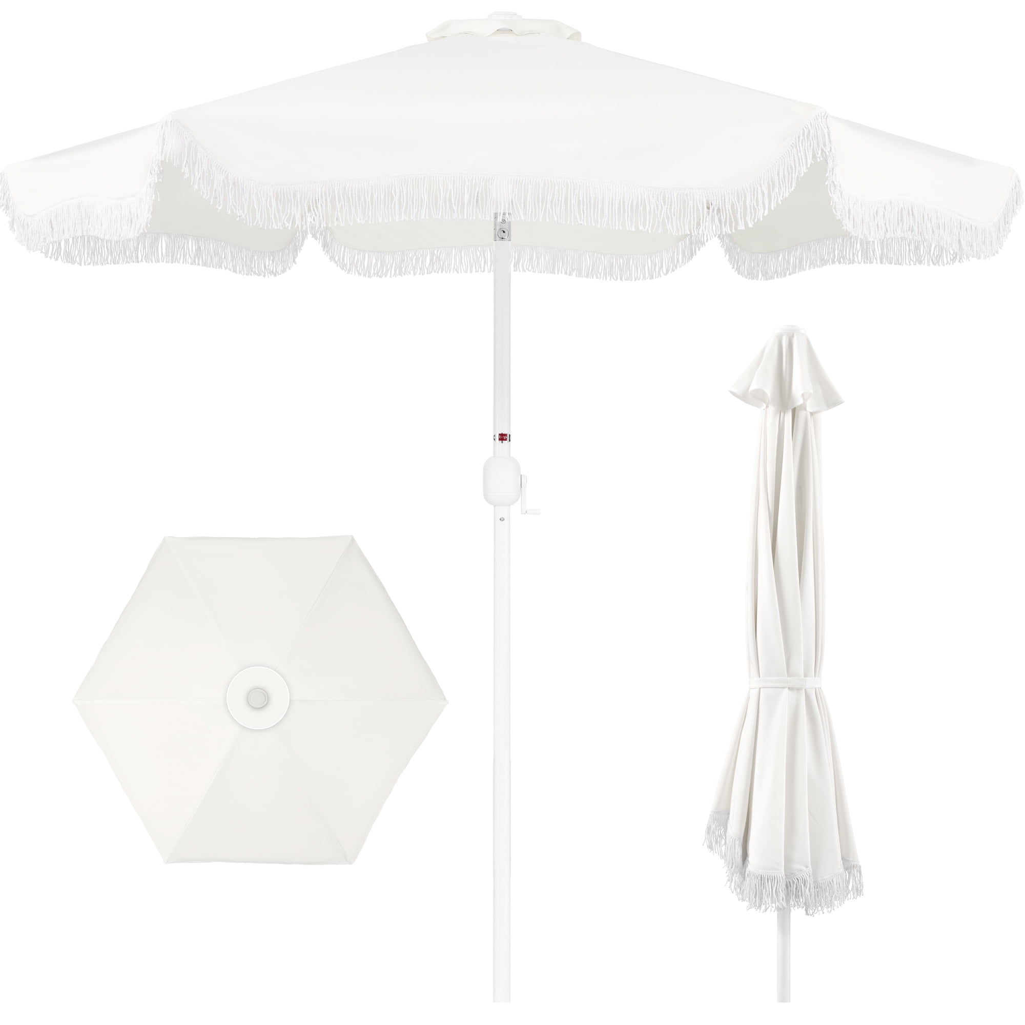 Best Choice Products 9ft Fringe Market Umbrella  Boho Patio Sunshade w/ Tilt, UPF50+ - White