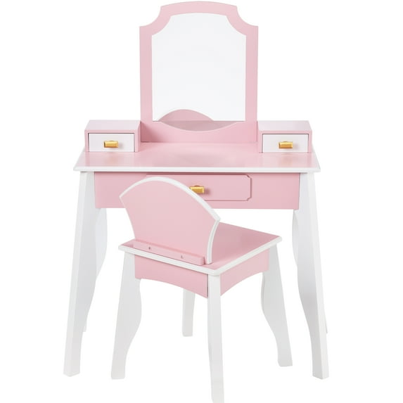 Best Choice Kids Wooden Pretend Play Vanity and Chair Set w/ Mirror Little Girls Makeup Table with 3 Drawers, Pink