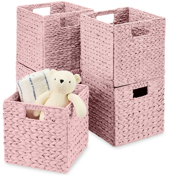 Best Choice Products 10.5x10.5in Hyacinth Storage Baskets, Set of 5 Multipurpose Collapsible Organizers - Pink
