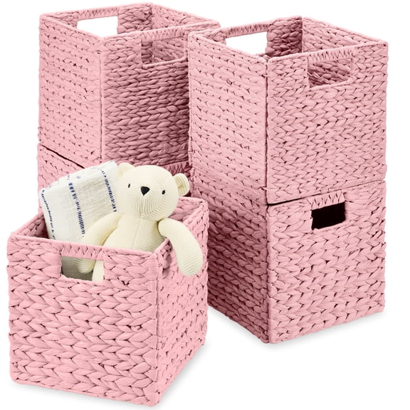 Best Choice Products 10.5x10.5in Hyacinth Storage Baskets, Set of 5 Multipurpose Collapsible Organizers - Pink