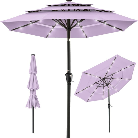 Best Choice Products 10ft 3-Tier Solar Patio Umbrella w/ 24 LED Lights, Tilt Adjustment, Easy Crank - Lavender