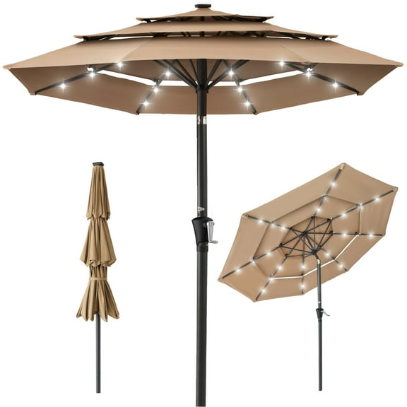 Best Choice Products 10ft 3-Tier Solar Patio Umbrella w/ 24 LED Lights, Tilt Adjustment, Easy Crank - Tan
