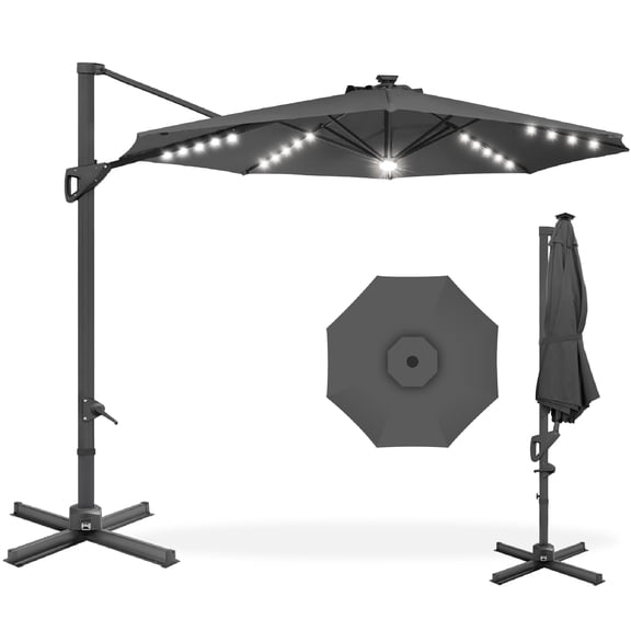 Best Choice Products 10ft 360-Degree Solar LED Lit Cantilever Patio Umbrella, Outdoor Hanging Shade - Gray