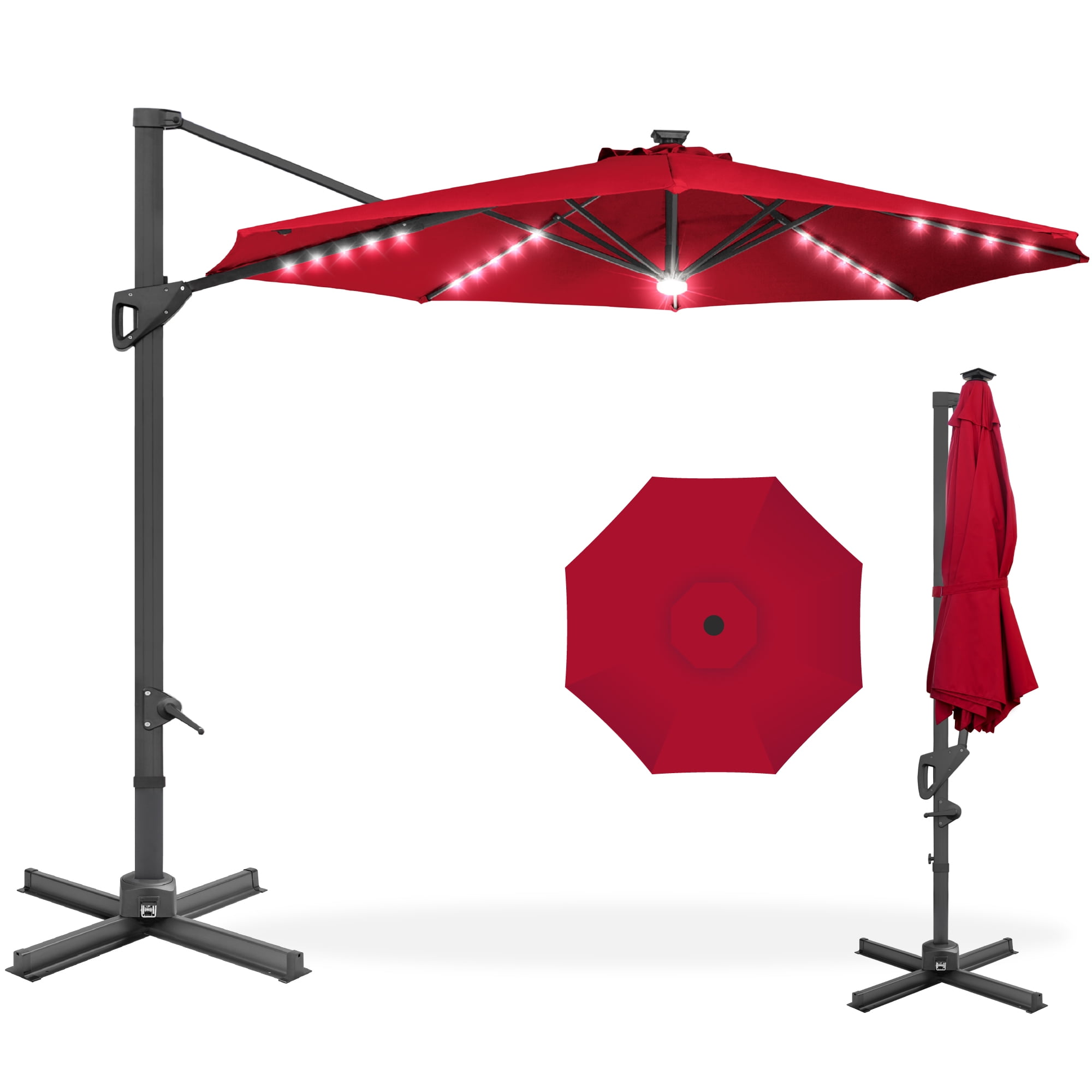 Red Solar LED Cantilever Patio Umbrella with Powder-Coated Aluminum Pole