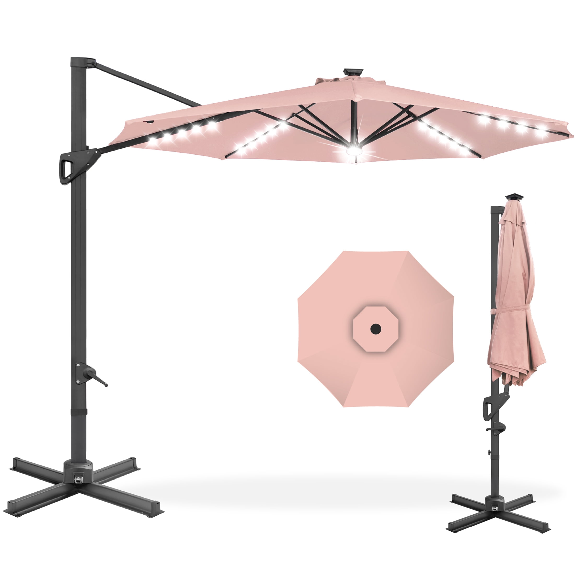 Rose Quartz Octagon Market Umbrella with Black Metal Pole and LED Lights
