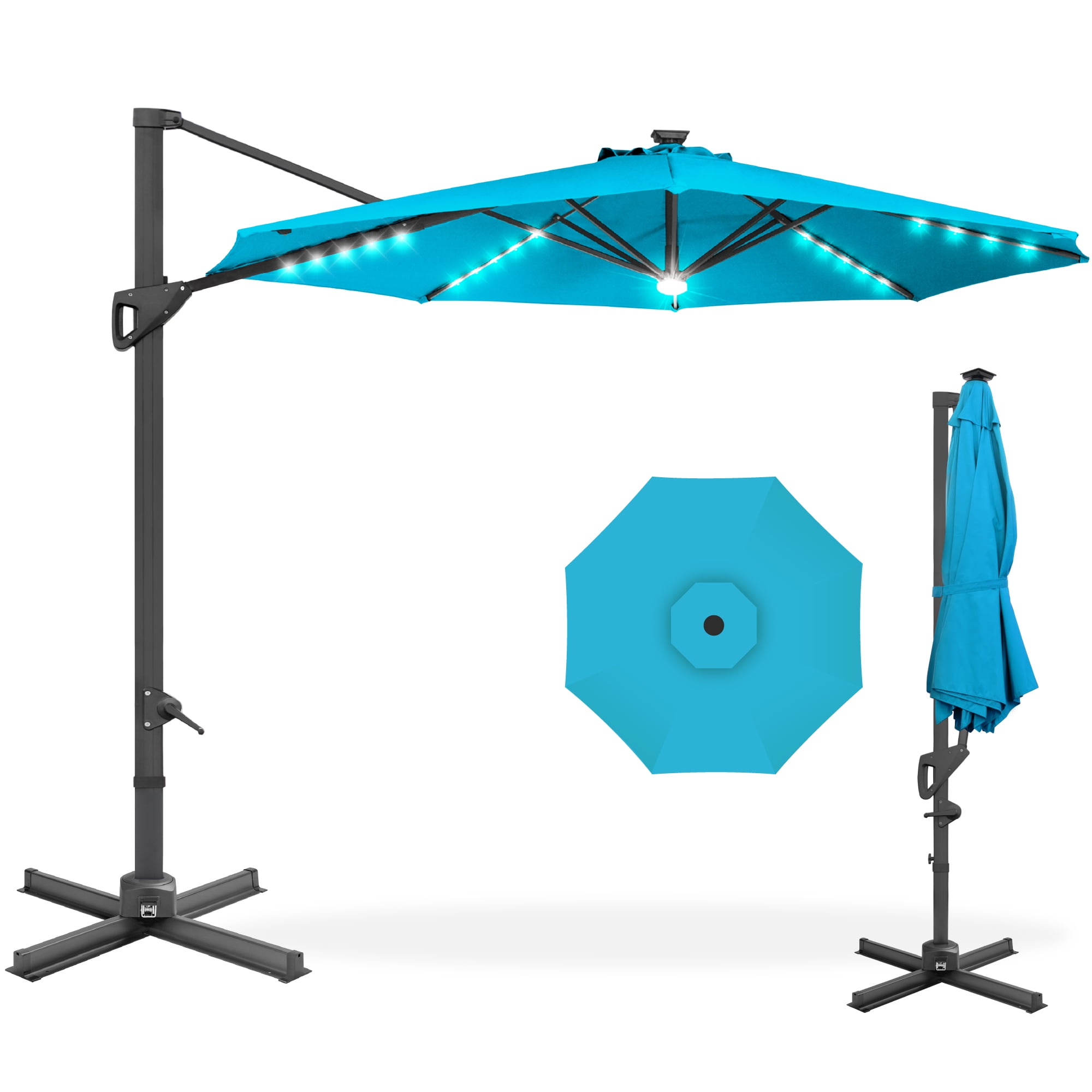 Sky Blue 10ft Steel and Aluminum Market Patio Umbrella with LED Lights