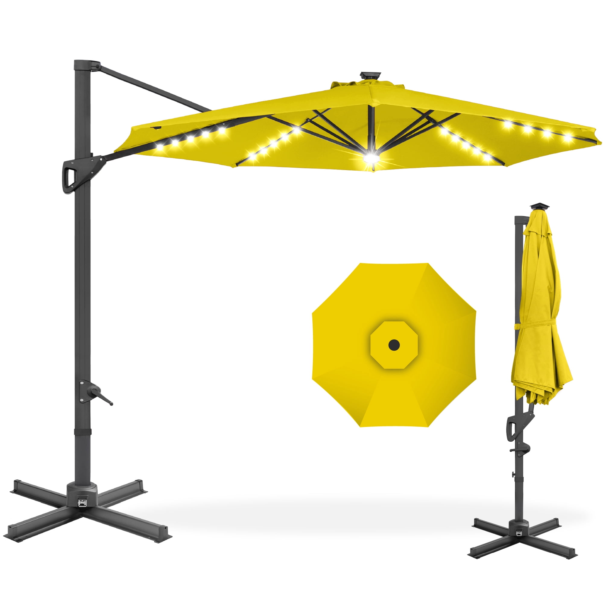 10ft solar led cantilever offset patio umbrella 360dgrees rotation aluminum Best Choice Products 360-Degree Lit Umbrella, Outdoor Hanging Shade This luxurious outdoor patio umbrella is a great companion for outdoor use Best Choice Products 10ft Solar