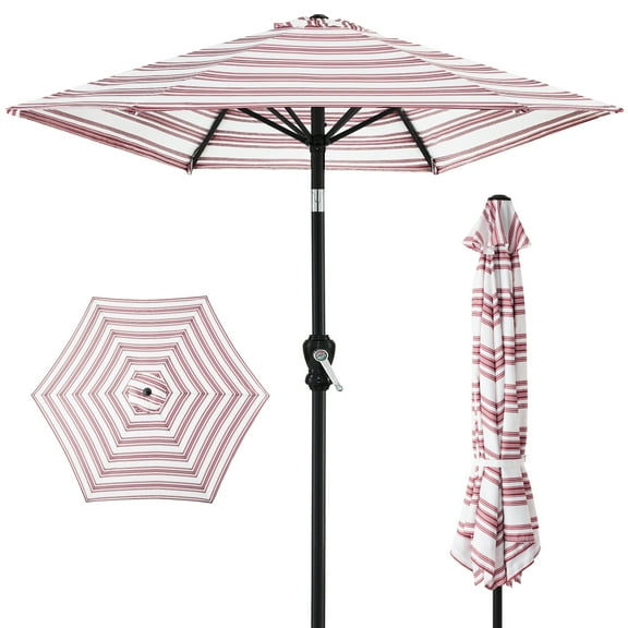 Best Choice Products 10ft Outdoor Steel Market Patio Umbrella w/ Crank, Tilt Push Button, 6 Ribs - Striped Burgundy