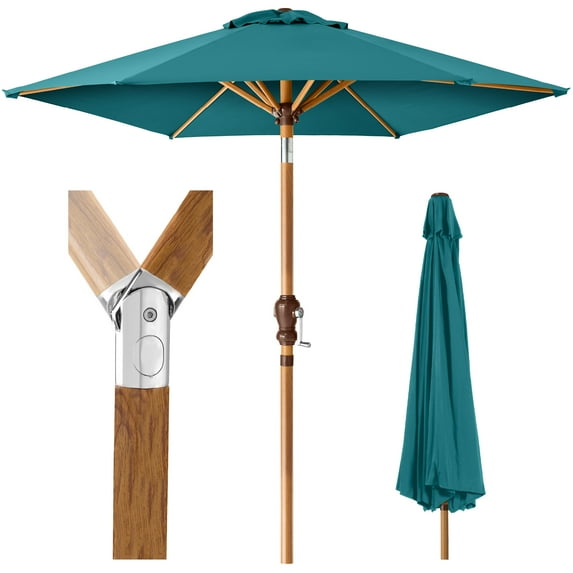 Best Choice Products 10ft Outdoor Woodgrain Pattern Steel Market Patio Umbrella w/ Crank, Tilt - Cerulean