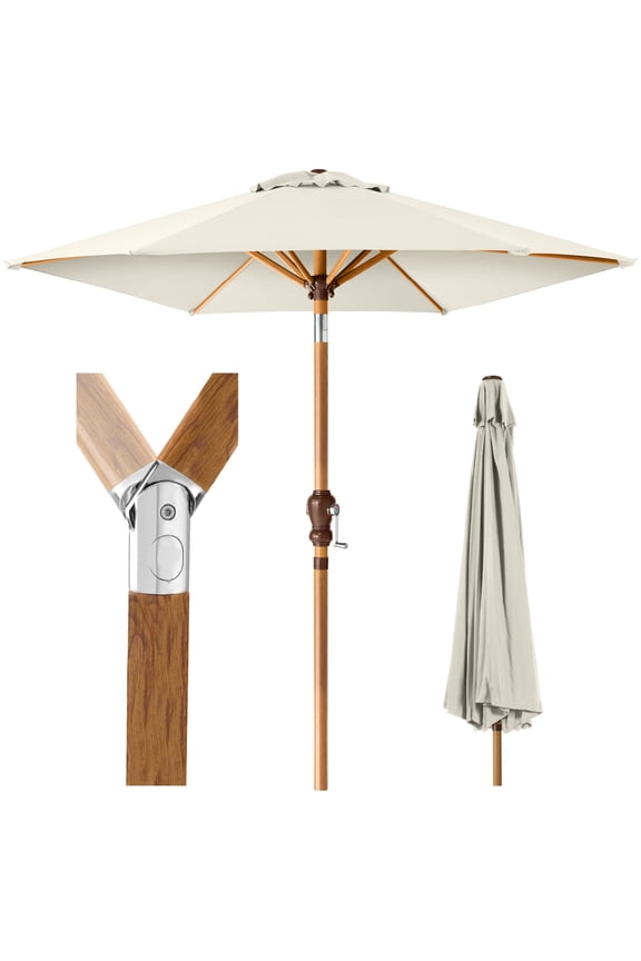 10ft Outdoor Woodgrain Pattern Steel Market Patio Umbrella w/ Crank, Tilt - Ivory