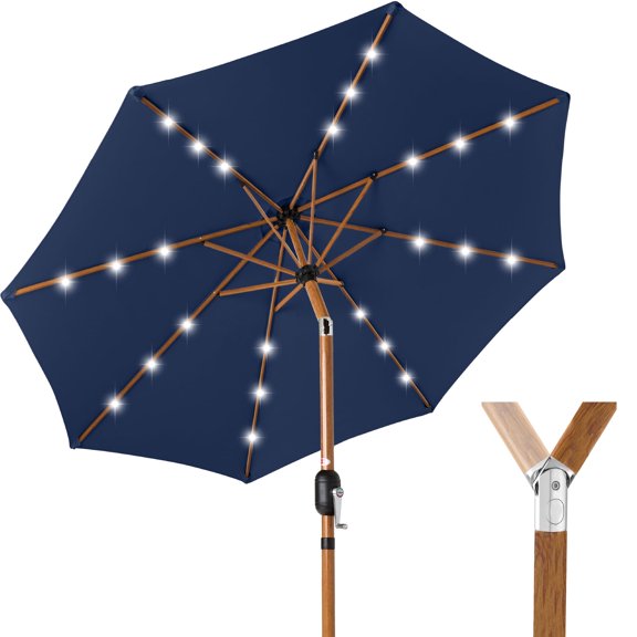 Best Choice Products 10ft Solar LED Lighted Outdoor Woodgrain Pattern Steel Market Patio Umbrella - Navy Blue