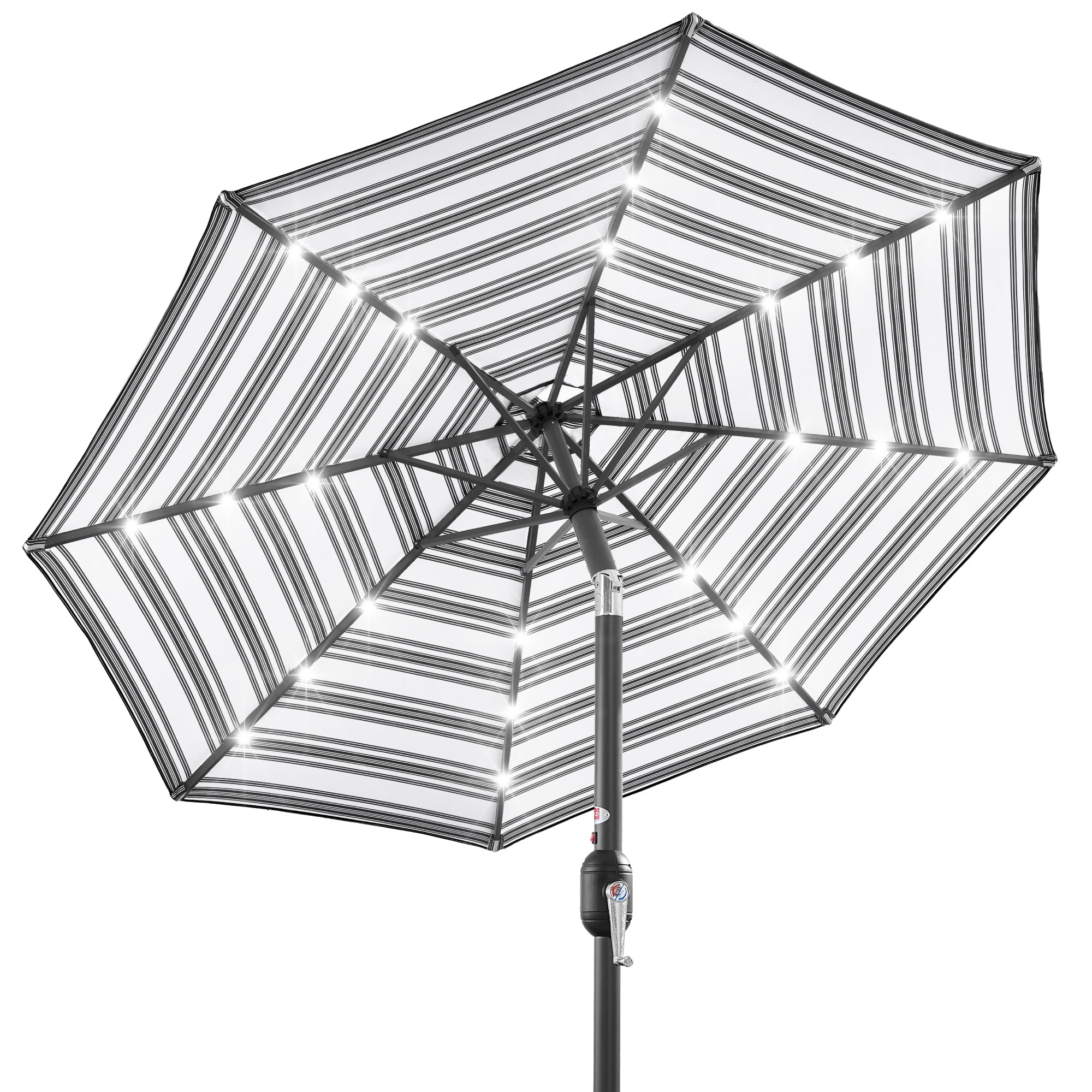 10ft Striped Black Metal Market Patio Umbrella with LED Lights
