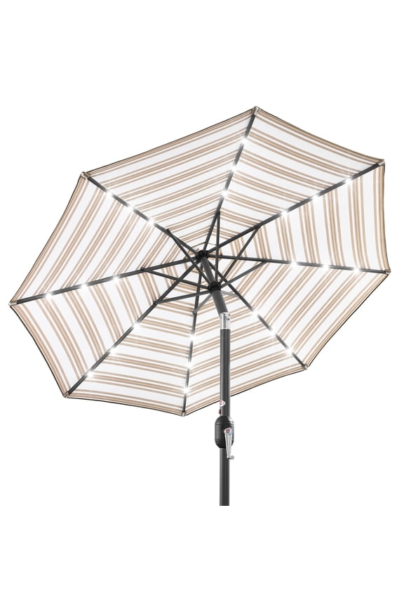 10ft Solar LED Lighted Patio Umbrella w/ Tilt Adjustment, UV-Resistant Fabric - Striped Tan