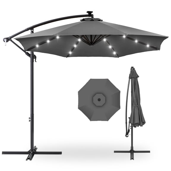 Best Choice Products 10ft Solar LED Offset Hanging Outdoor Market Patio Umbrella w/ Adjustable Tilt - Gray