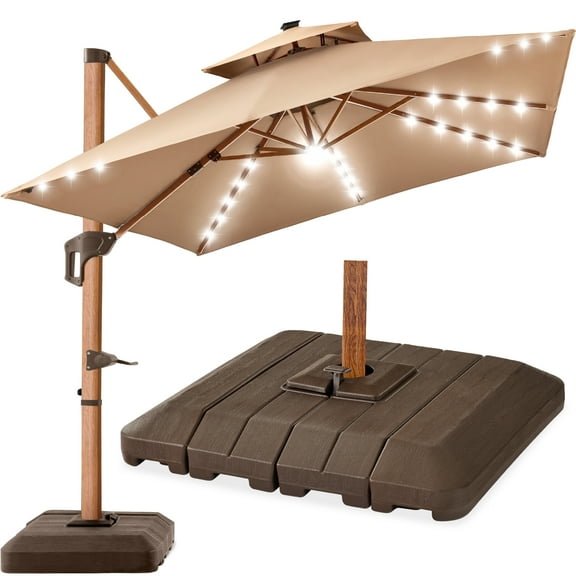 Best Choice Products 10ft Square Woodgrain Pattern 2-Tier Outdoor Solar LED Cantilever Umbrella w/ Base - Tan