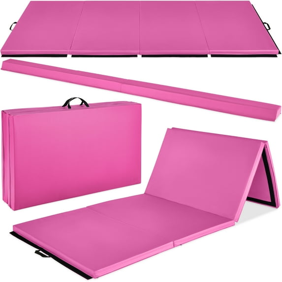 Best Choice Products 10ftx4ftx2in Folding Gym Mat 4-Panel w/ Carrying Handles & Folding Balance Beam - Pink