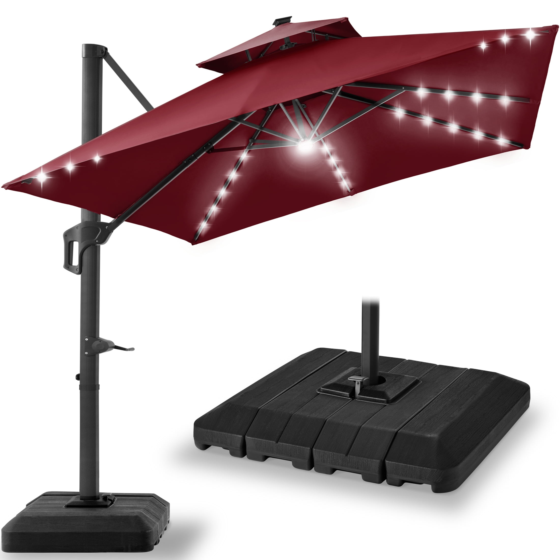 Burgundy 10x10ft 2-Tier Solar LED Cantilever Patio Umbrella with Base