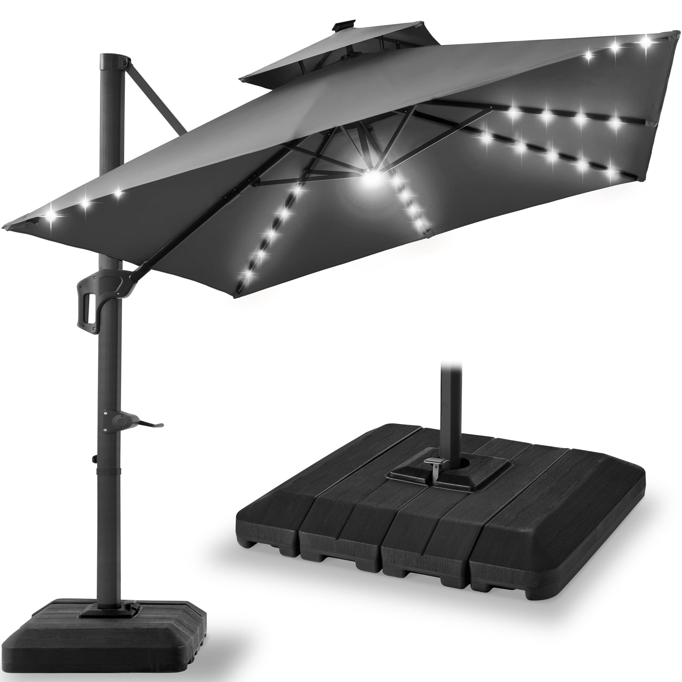 Gray 10ft 2-Tier Square Cantilever Patio Umbrella with Solar LED Lights