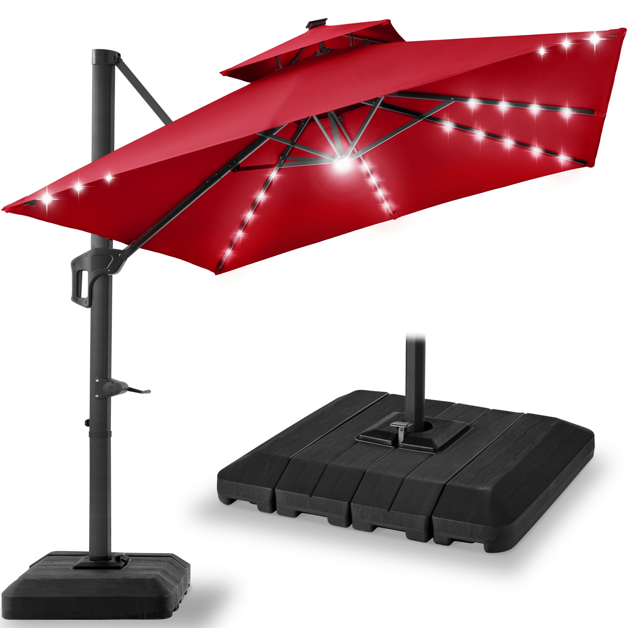Red 10x10ft 2-Tier Square Outdoor Solar LED Cantilever Patio Umbrella