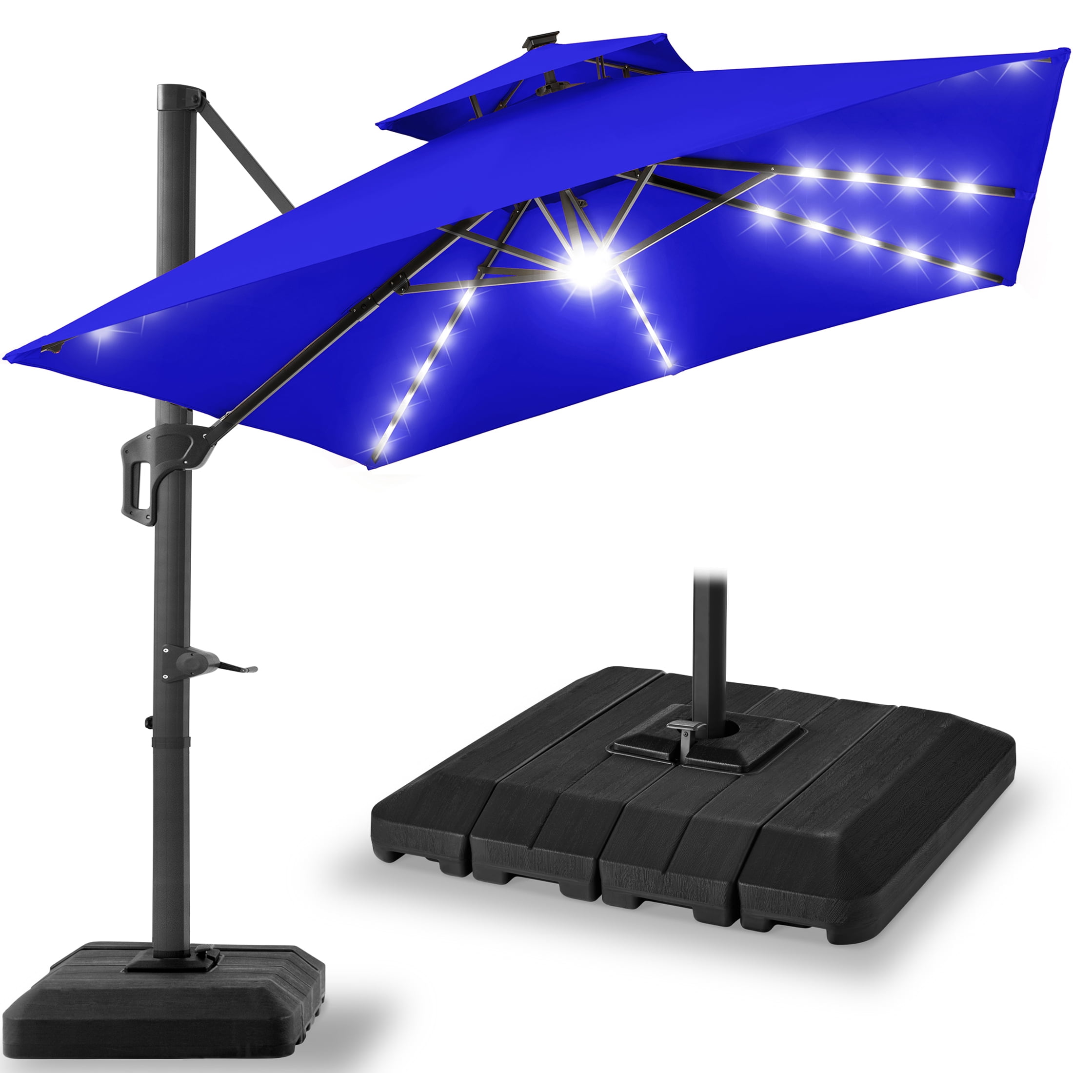 Resort Blue 10x10ft Solar LED Cantilever Patio Umbrella with Base