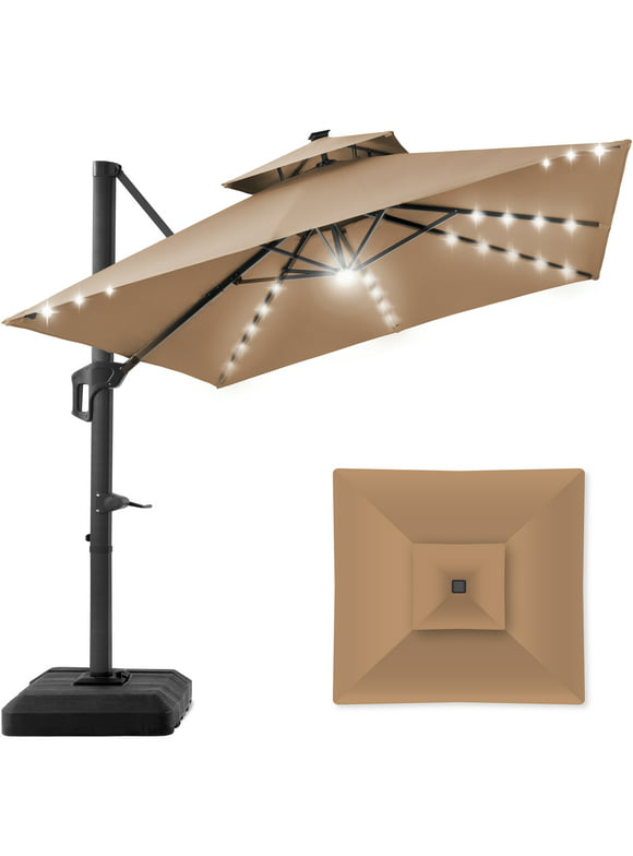 Best Choice Products 10x10ft 2-Tier Square Outdoor Solar LED Cantilever Patio Umbrella w/ Base Included - Tan