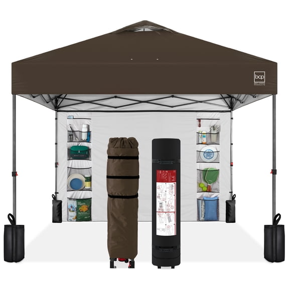 Best Choice Products 10x10ft Easy Setup Pop Up Canopy, Portable Tent w/ Side Wall, 1-Button Push, Case - Brown