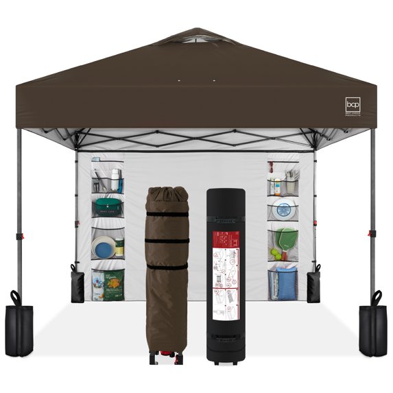 Best Choice Products 10x10ft Easy Setup Pop Up Canopy, Portable Tent w/ Side Wall, 1-Button Push, Case - Brown