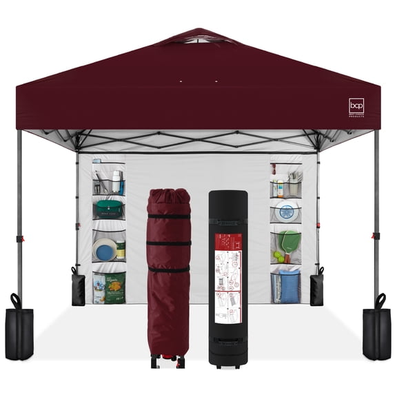 Best Choice Products 10x10ft Easy Setup Pop Up Canopy, Portable Tent w/ Side Wall, 1-Button Push, Case - Burgundy