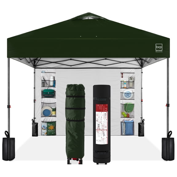 Best Choice Products 10x10ft Easy Setup Pop Up Canopy, Portable Tent w/ Side Wall, 1-Button Push, Case - Dark Green