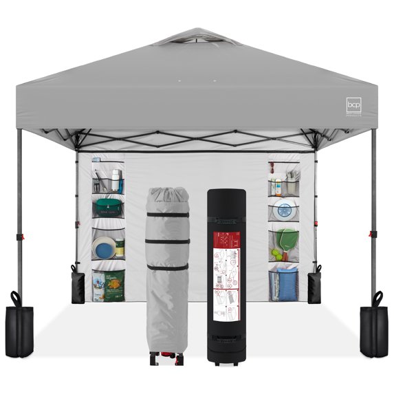 Best Choice Products 10x10ft Easy Setup Pop Up Canopy, Portable Tent w/ Side Wall, 1-Button Push, Case - Silver